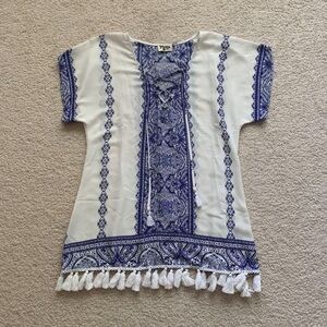 SMYM blue & white tassel cover up
